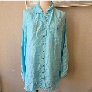 Johnny Was Pete & Greta Women's 100% Silk Tunic Top Roll Tab Sky Blue Shirt Sm